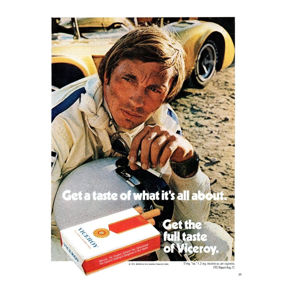 1972 Viceroy Cigarettes Taste Victory Vintage Print Ad Yellow Race Car Wall Art